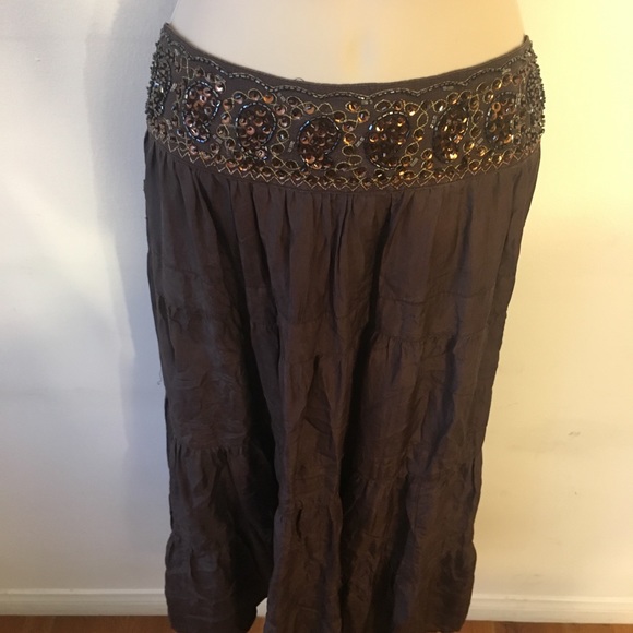 BCBGMaxAzria Skirts Bcbg Brown Embroidered Band Hipster Maxi Skirt